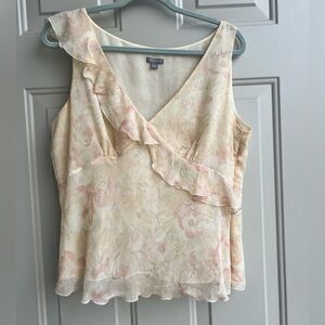 Ann Taylor 100% Silk Ruffle Floral Tank Top • Size 14 Creamy ivory
